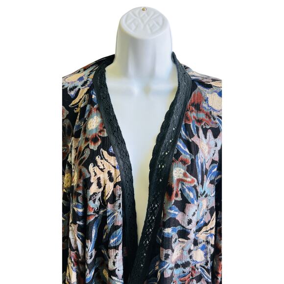 Free People M Boho Floral Velvet Lace Trim Kimono Jacket Cottagecore Festival - Picture 2 of 4